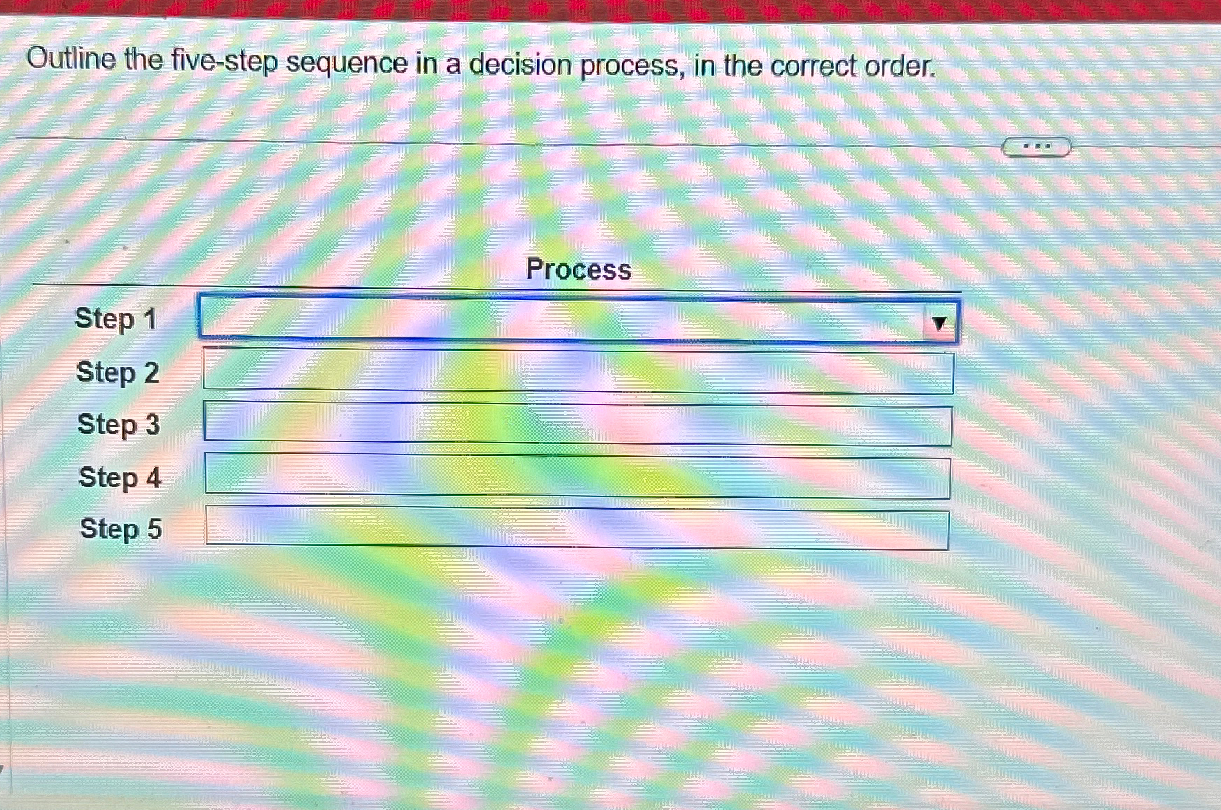  Outline the five-step sequence in a decision process, in the correct
