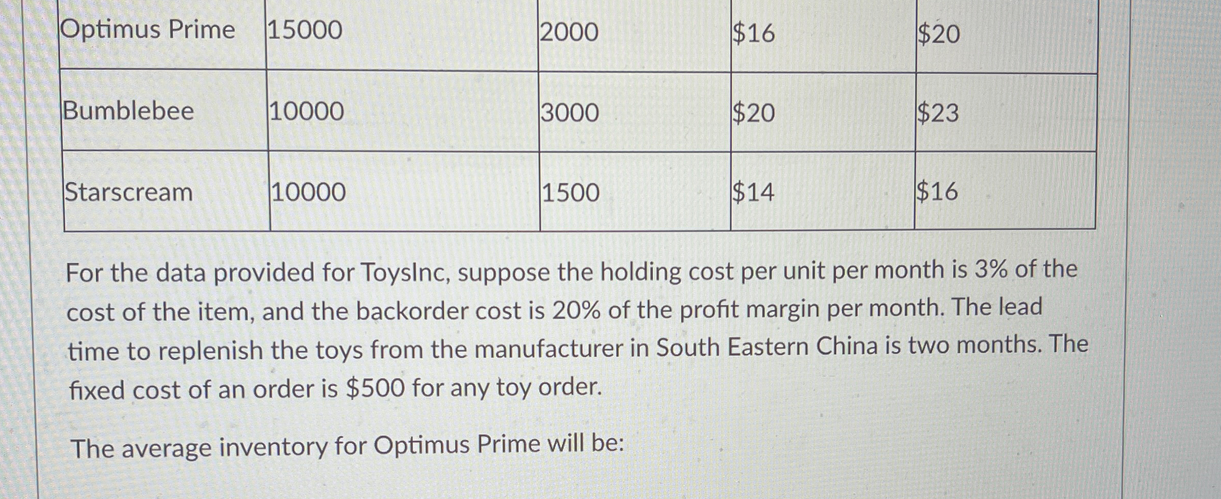  \table[[Optimus Prime,15000,2000,$16,$20 