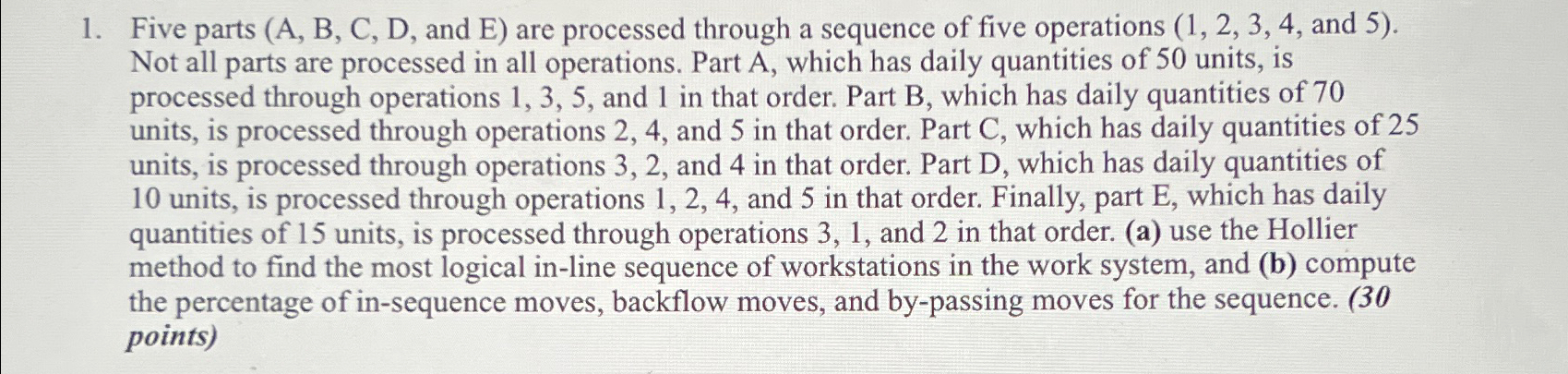  Five parts (A, B, C, D, and E) are processed through