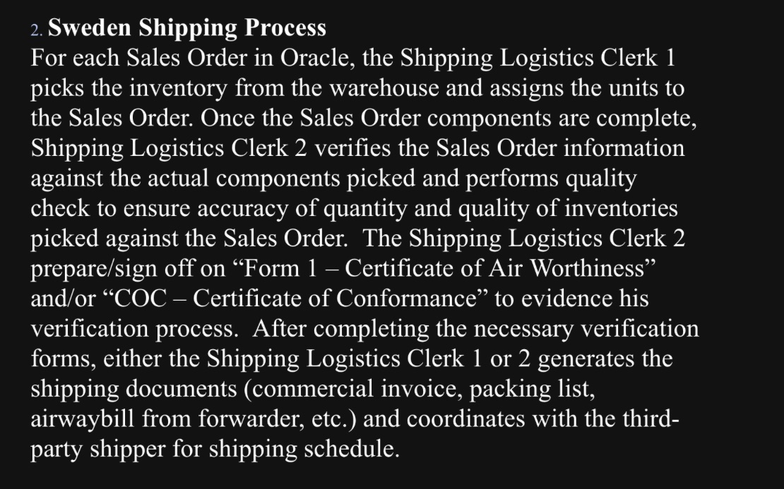 Need a flowchart for this 2. Sweden Shipping Process For each Sales
