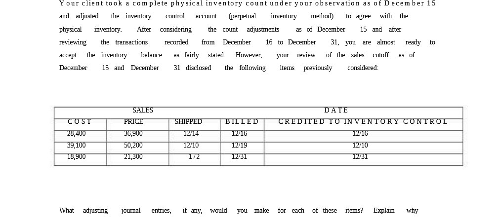  Your client took a complete physical inventory count under your observation