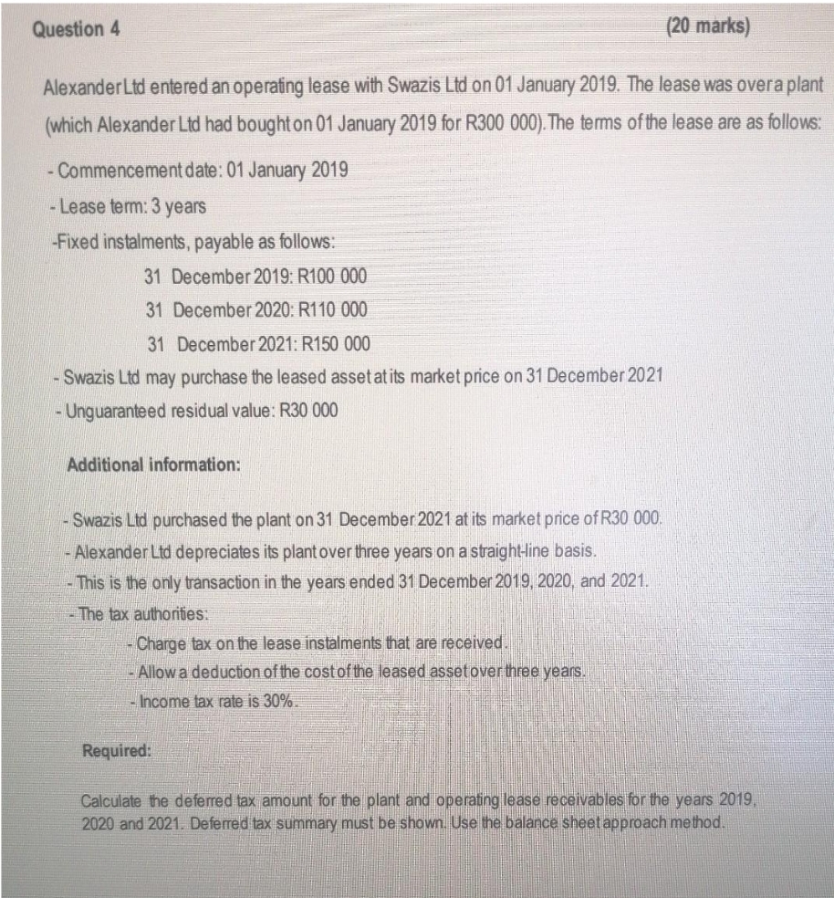 Question 4 (20 marks) Alexander Led entered an operating lease with