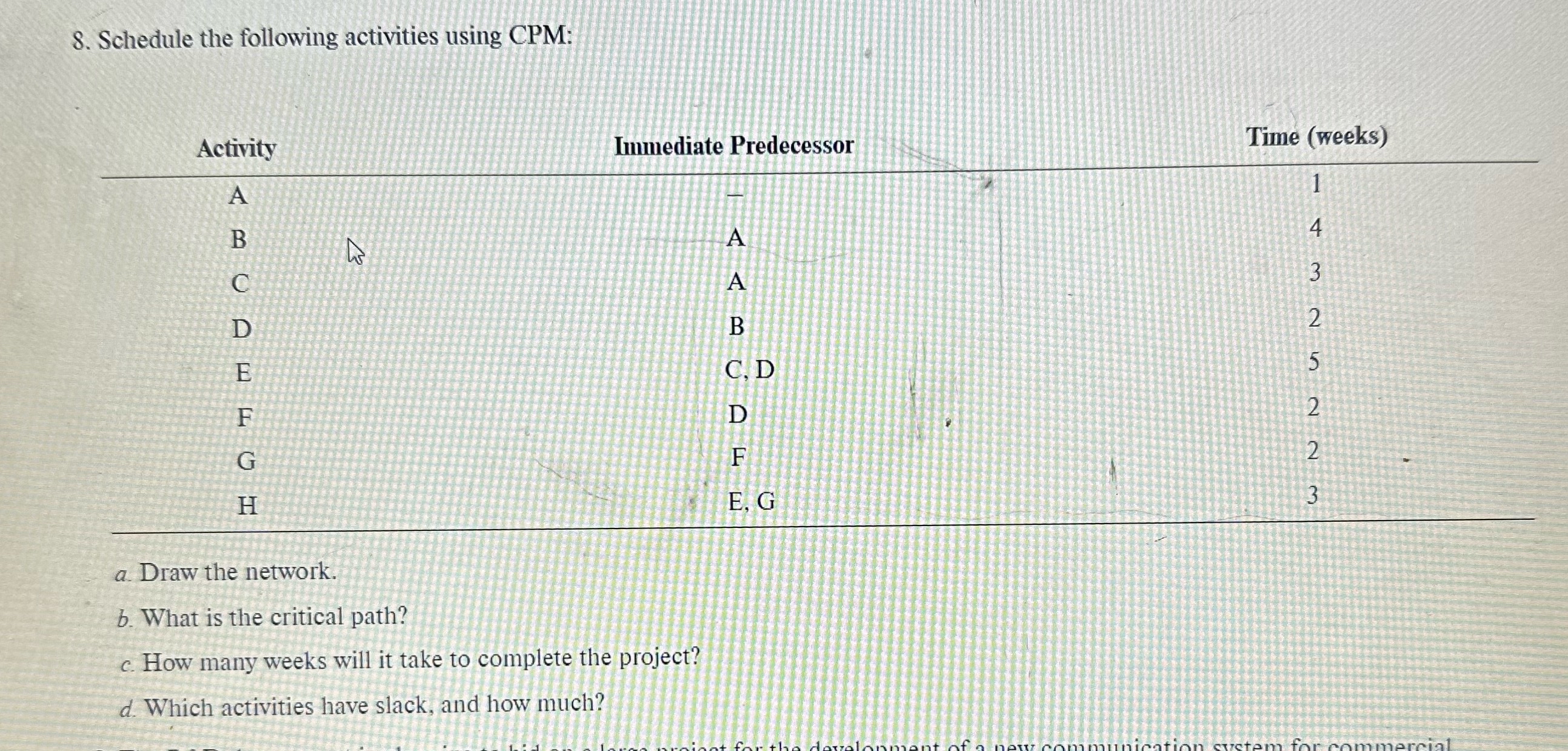  Schedule the following activities using CPM: \table[[Activity,Immediate Predecessor,Time (weeks)],[A,A,1],[B,A,4],[C,A,3],[D,B,2],[E,C, D,5],[F,D,2],[G,F,2],[H,E, G,3]]