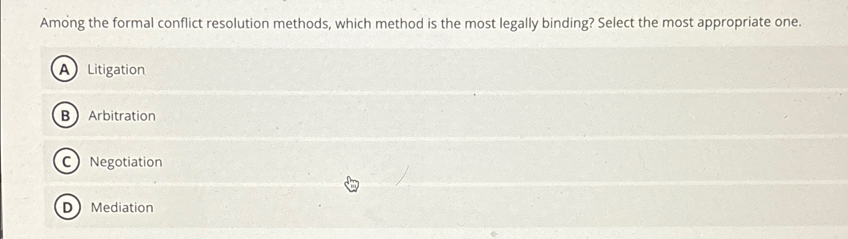  Among the formal conflict resolution methods, which method is the most