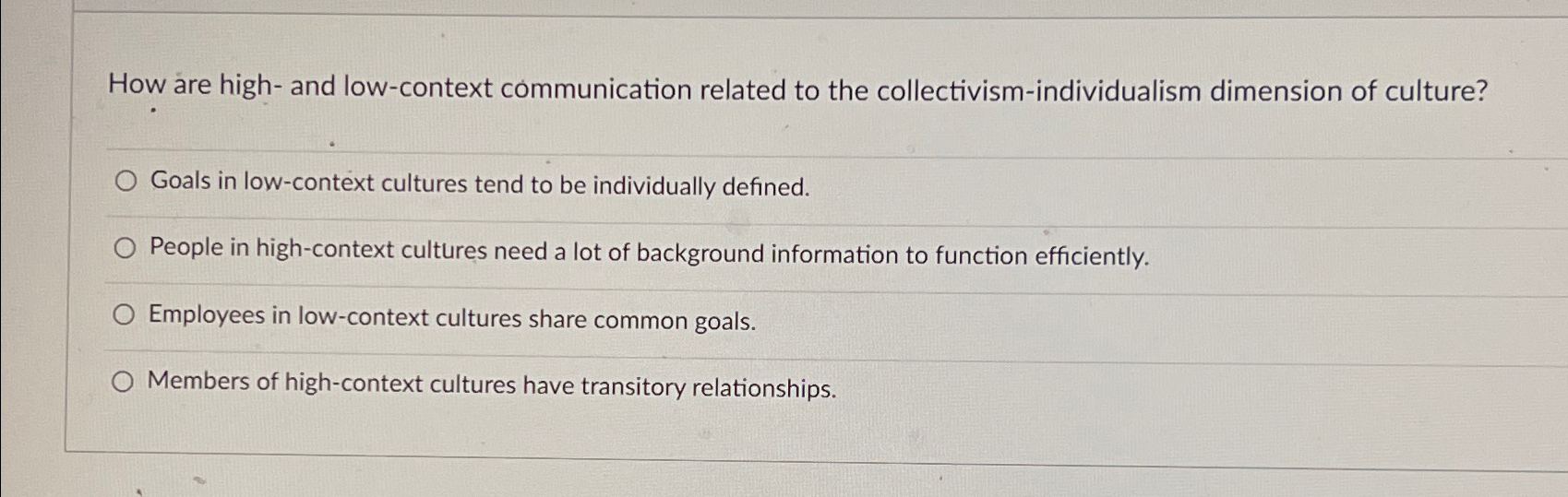  How are high- and low-context communication related to the collectivism-individualism dimension