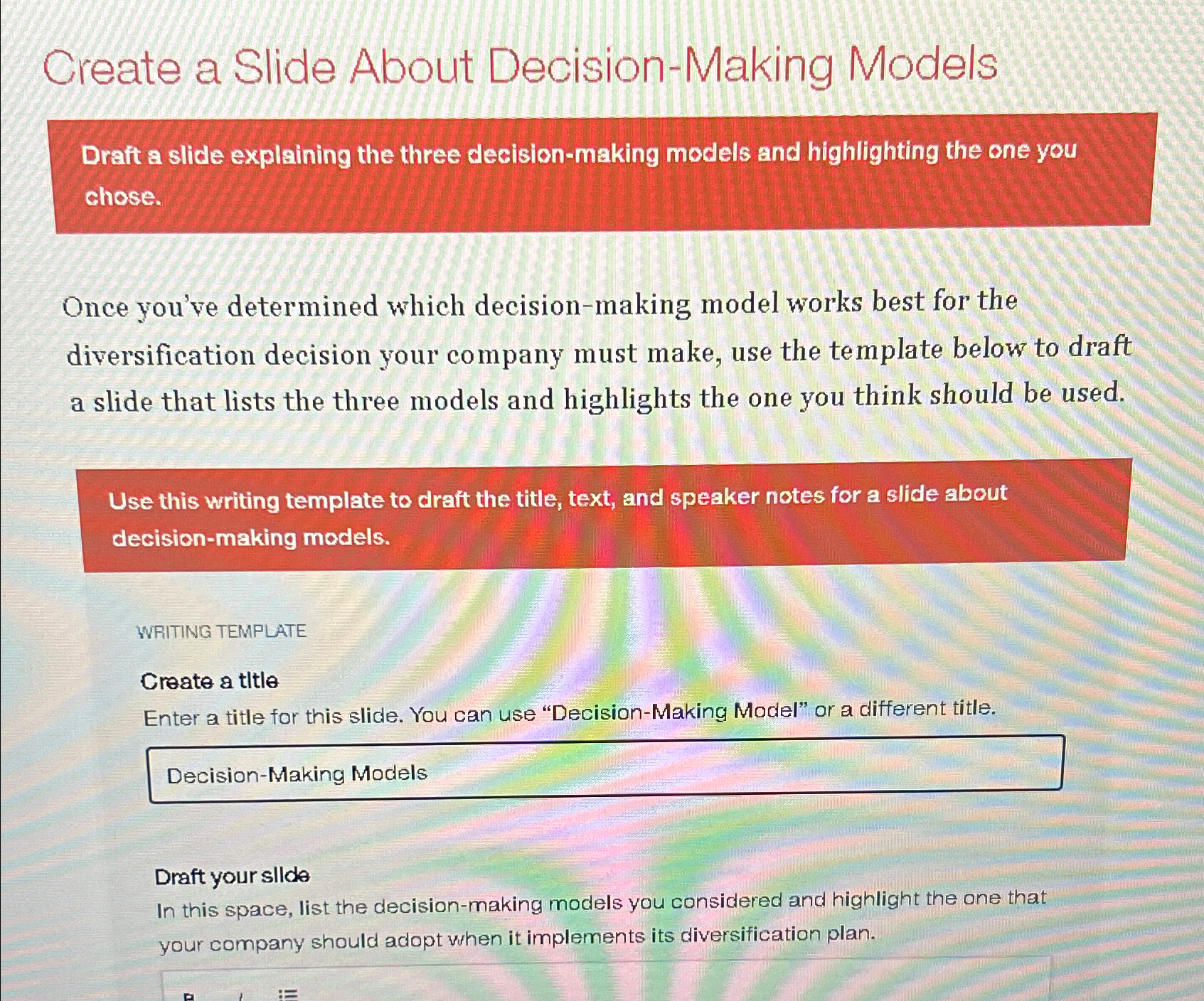  Create a Slide About Decision-Making Models Draft a slide explaining the
