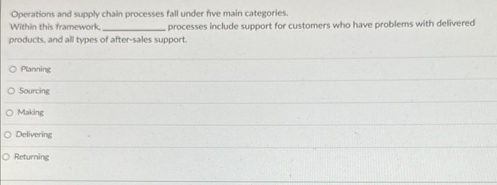  Operations and supply chain processes fall under five main categories. Within