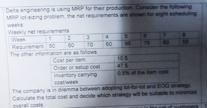  Delta engineering is using MRP for their production. Consider the following