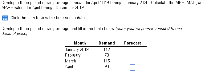 Develop a three-period moving average forecast for April 2019 through January