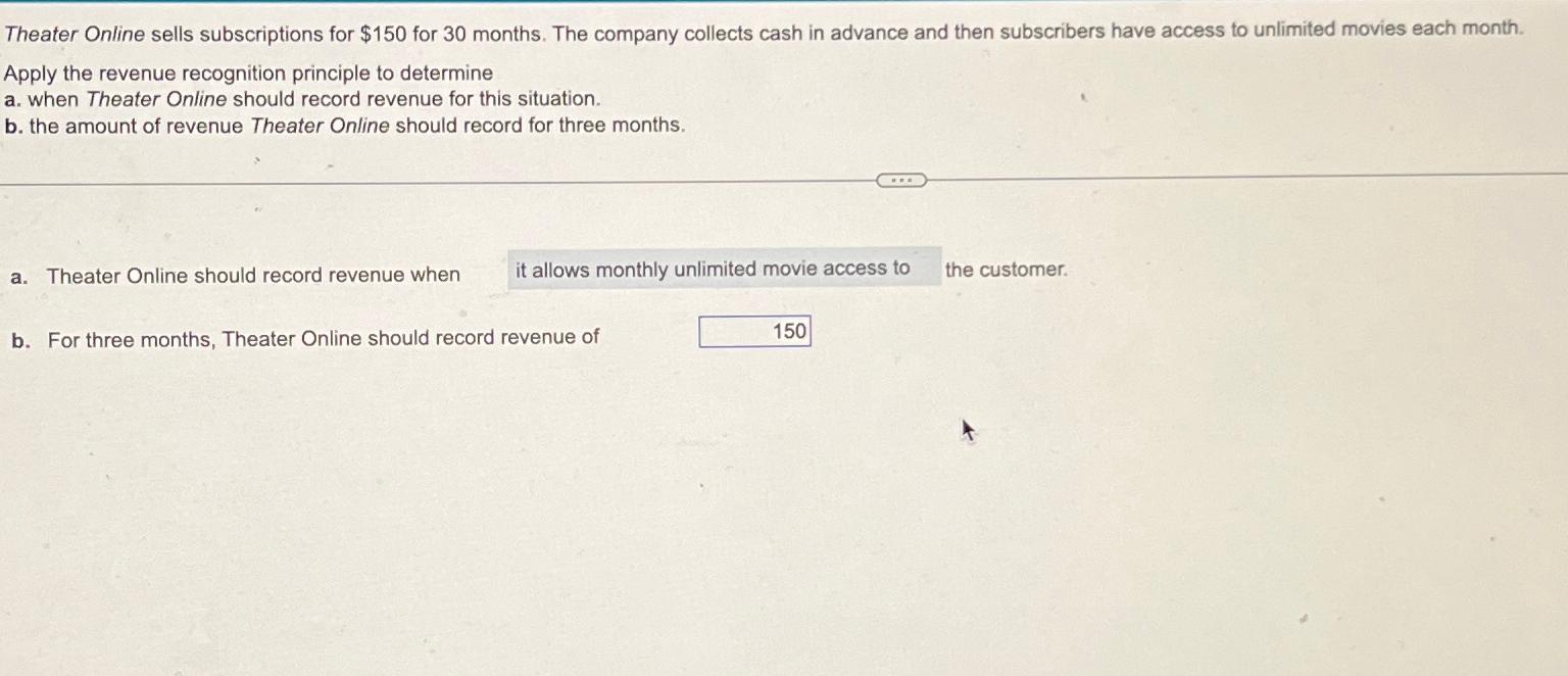  Theater Online sells subscriptions for $150 for 30 months. The company