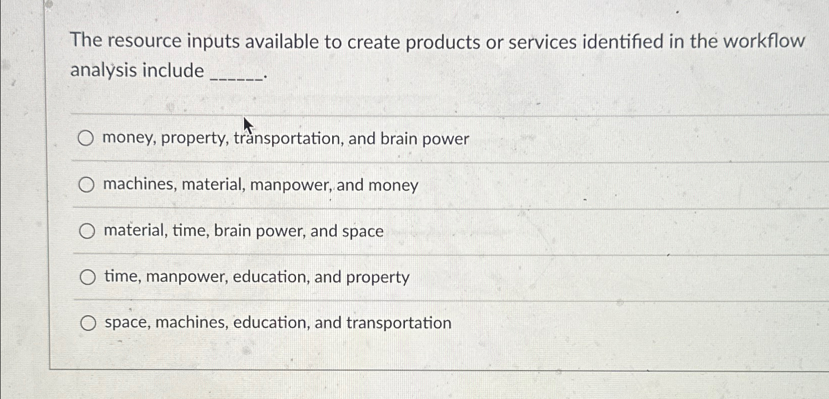  The resource inputs available to create products or services identified in