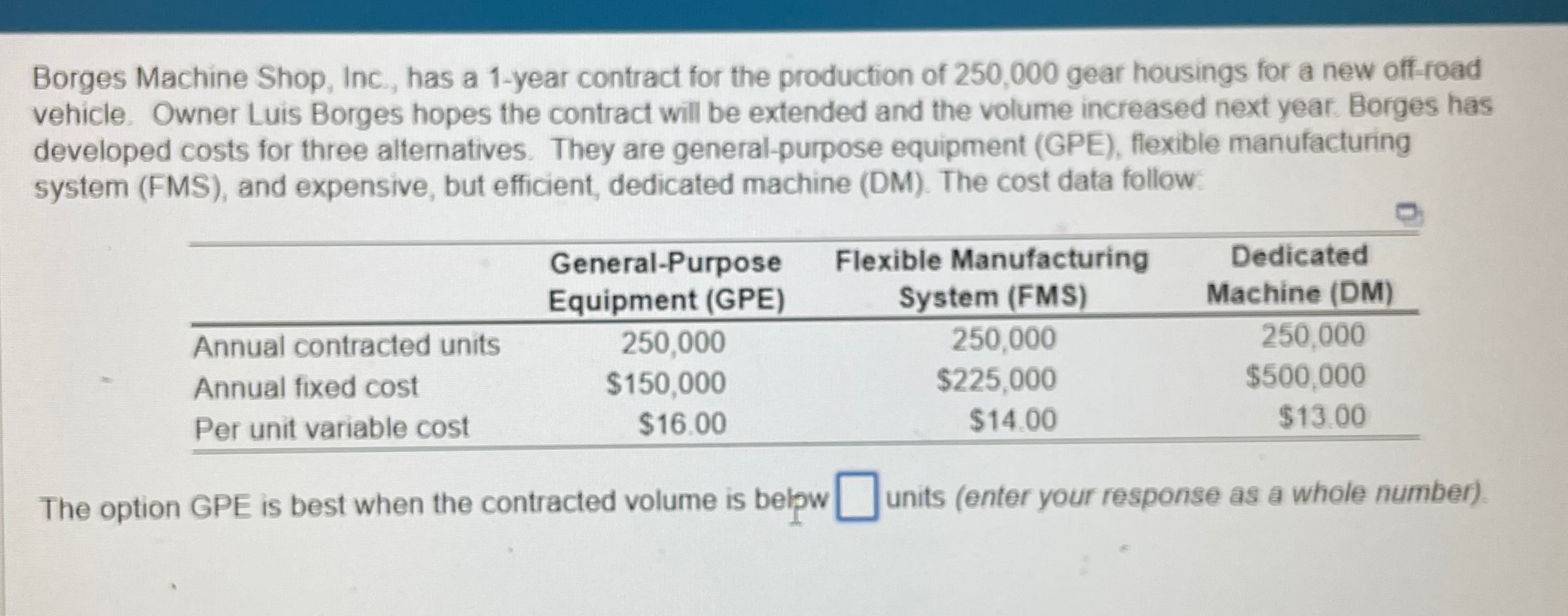  Borges Machine Shop, Inc, has a 1-year contract for the production