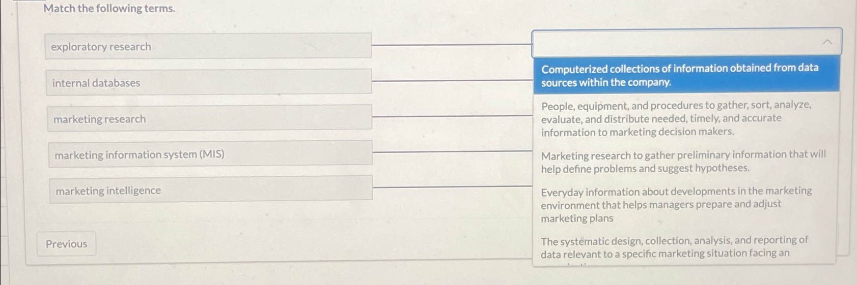  Match the following terms. exploratory research internal databases marketing information system