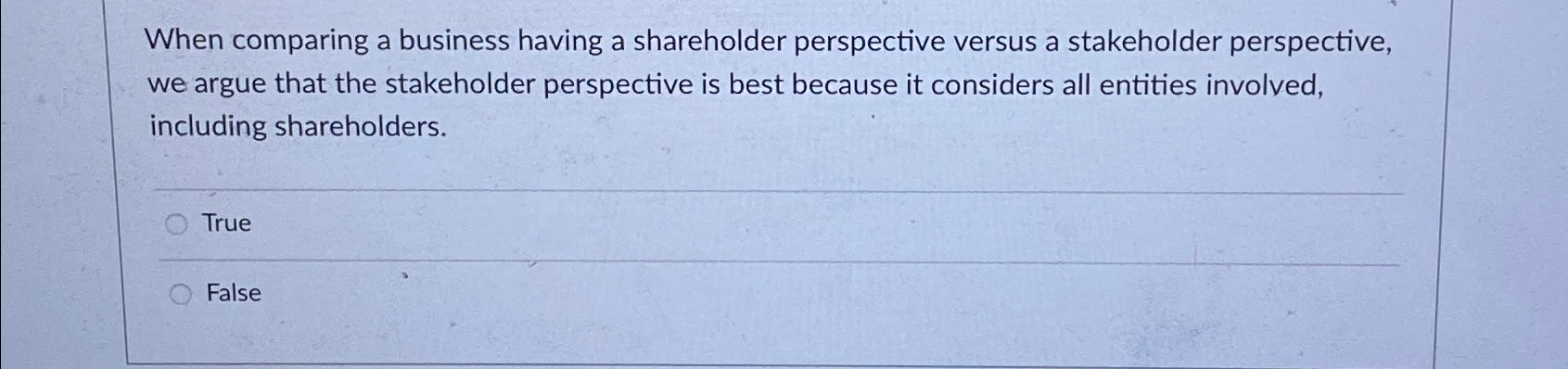  When comparing a business having a shareholder perspective versus a stakeholder