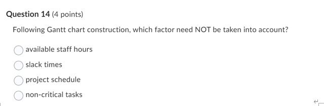  Question 14(4 points) Following Gantt chart construction, which factor need NOT