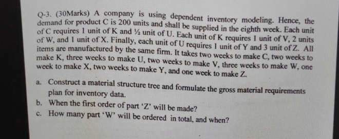  Q-3.(30Marks) A company is using dependent inventory modeling. Hence, the demand