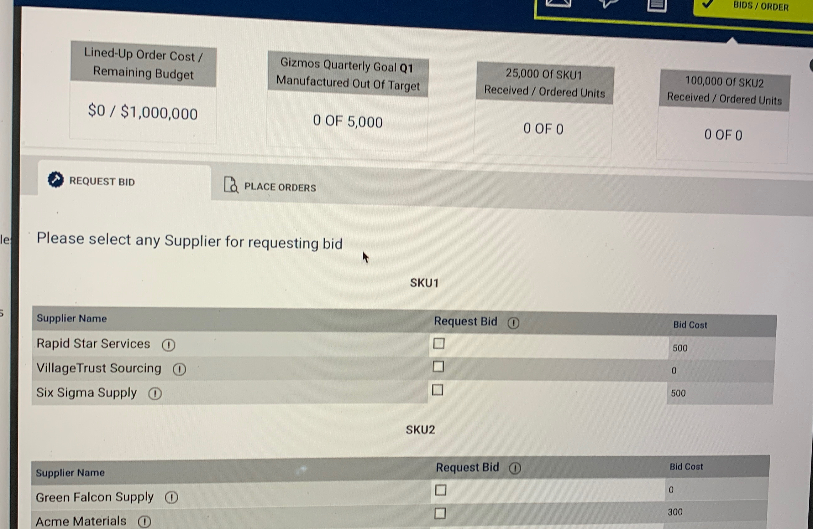 BIDS / ORDER Lined-Up Order Cost / Remaining Budget $0$1,000,000 REQUEST