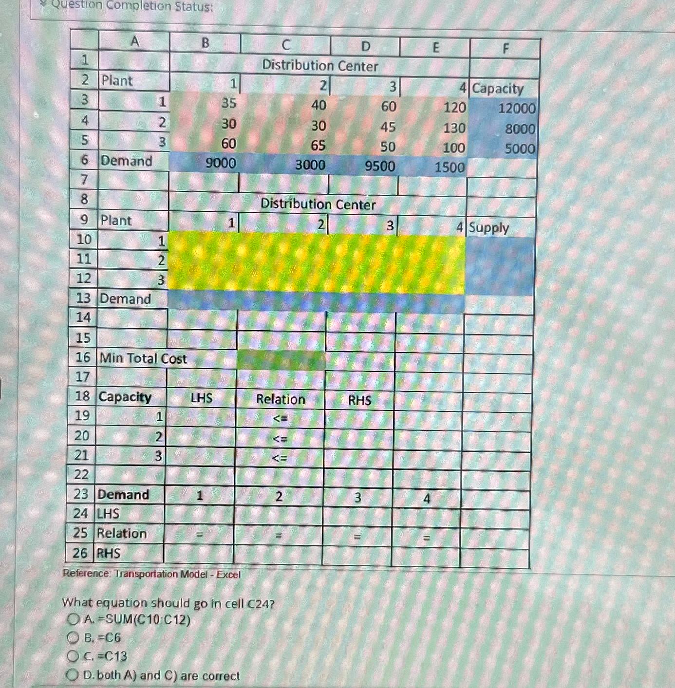  Question Completion Status: Reference: Transportation Model - Excel What equation should