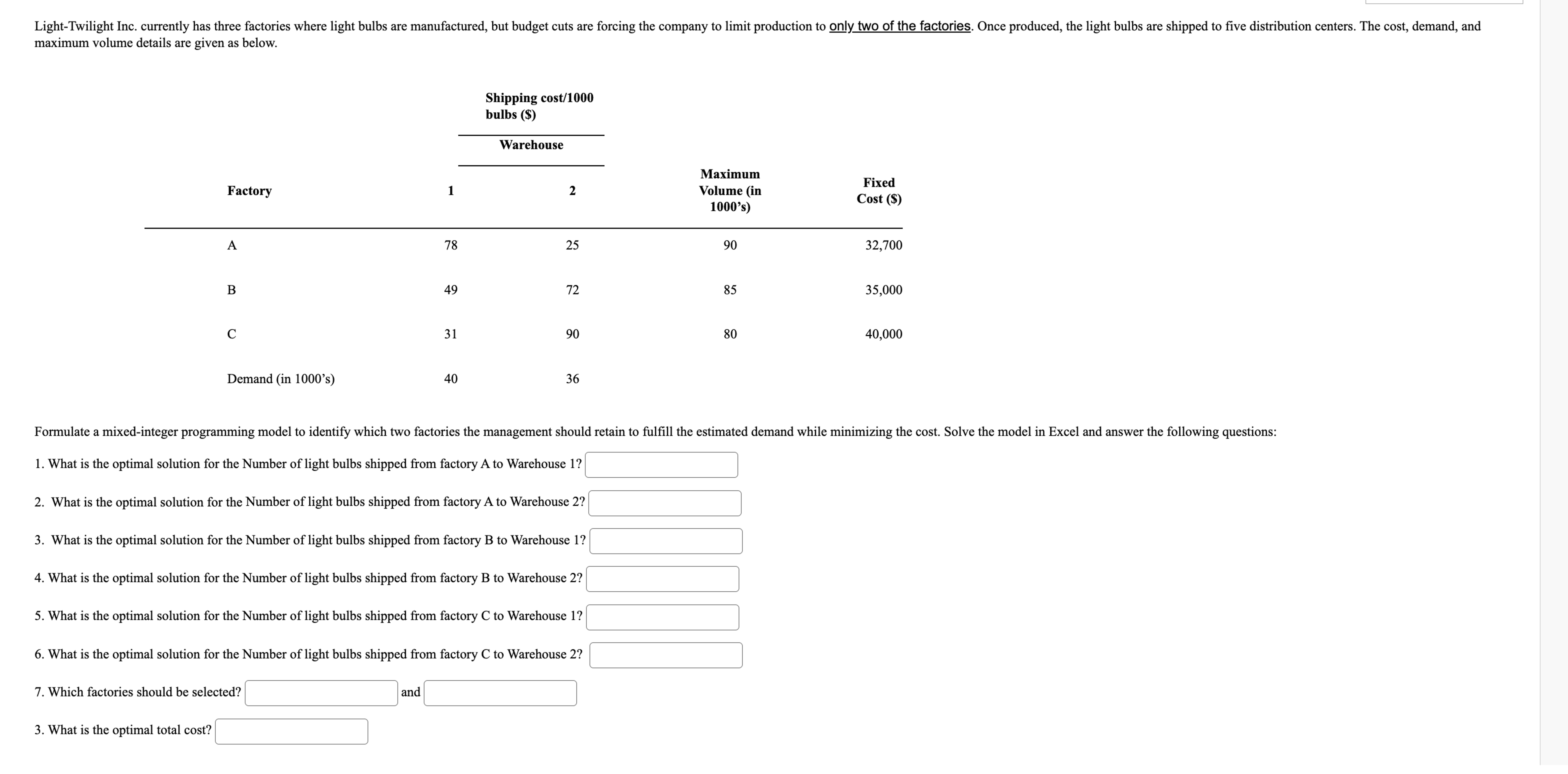  maximum volume details are given as below. Formulate a mixed-integer programming