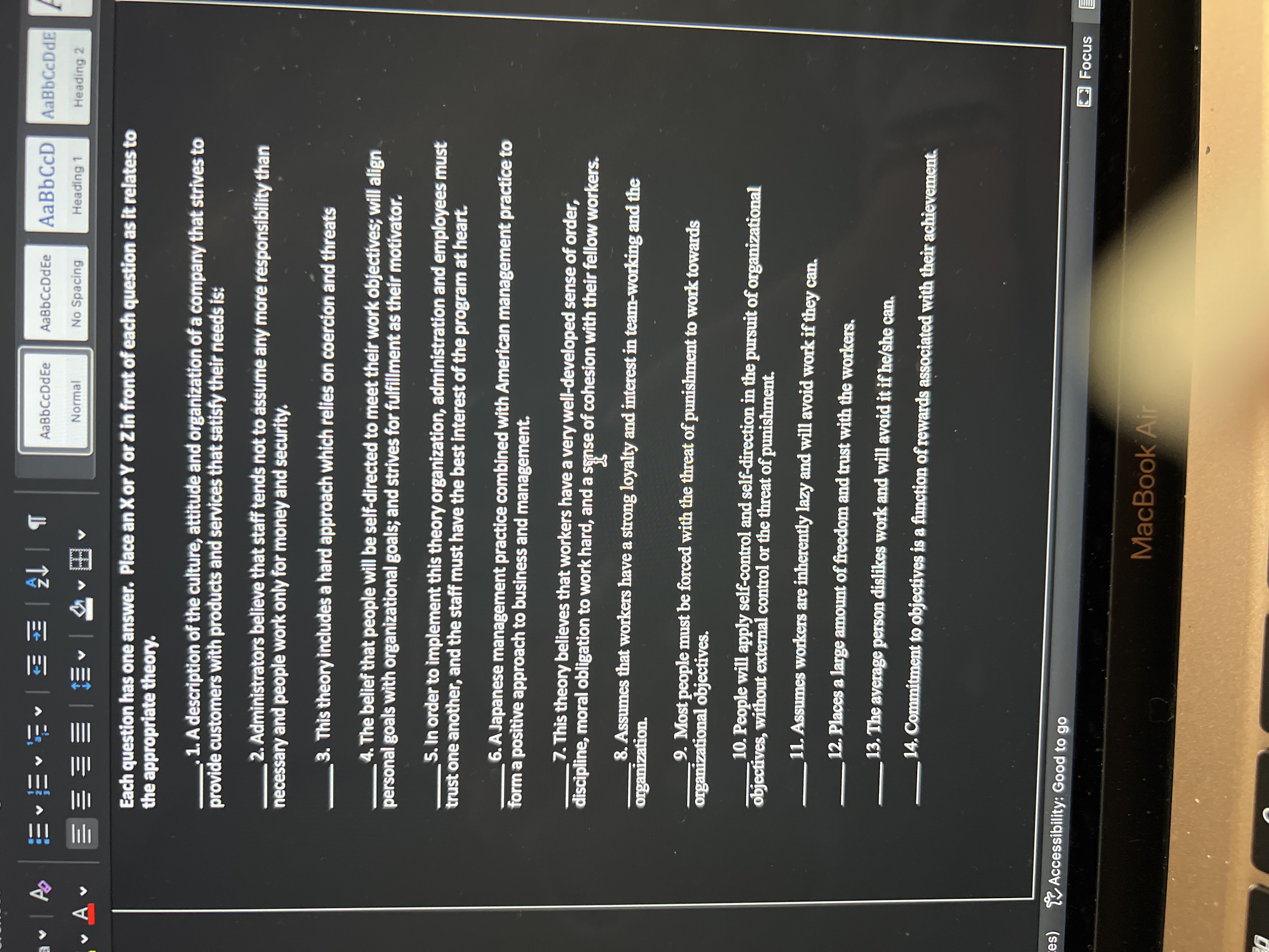  Each question has one answer. Place an X or Y or
