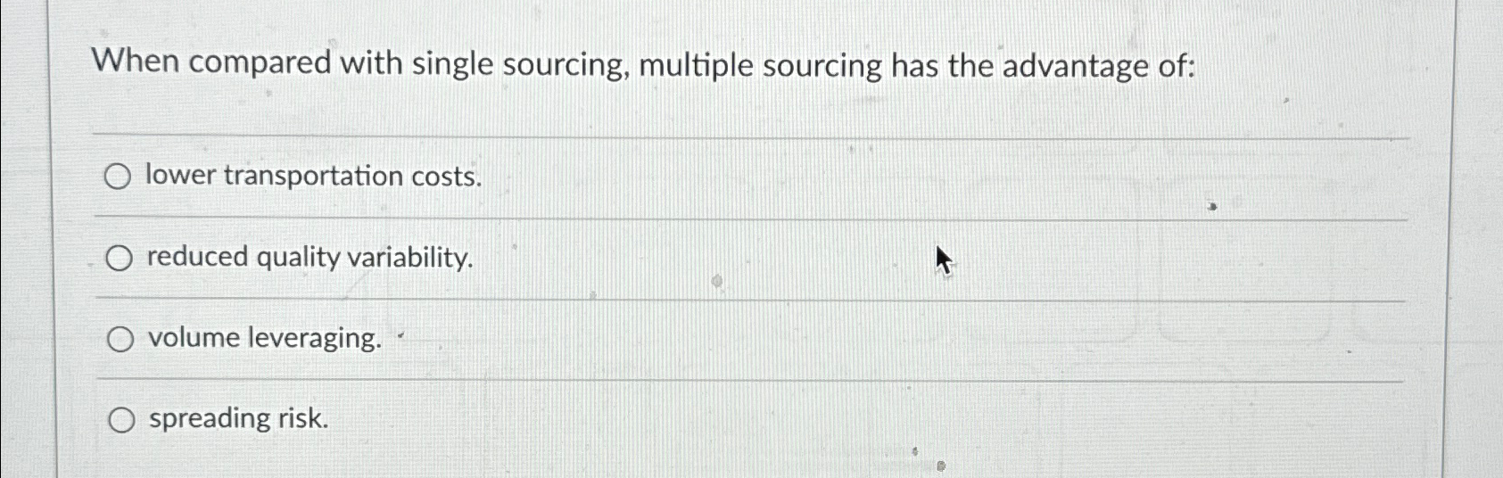  When compared with single sourcing, multiple sourcing has the advantage of: