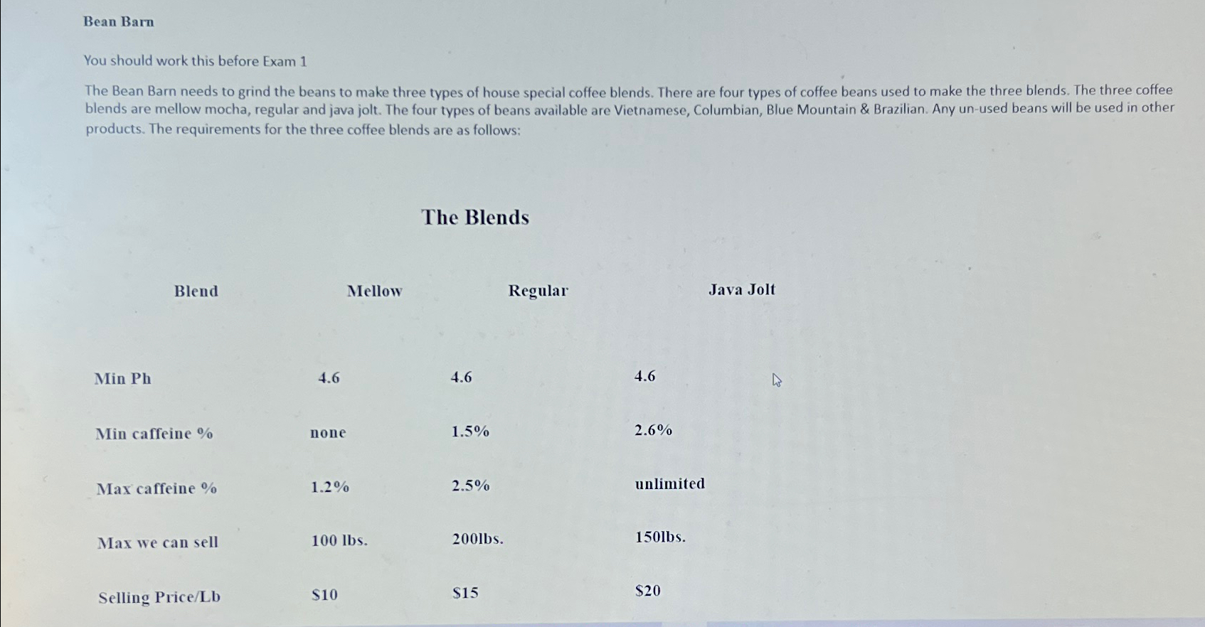 Bean Barn You should work this before Exam 1 products. The