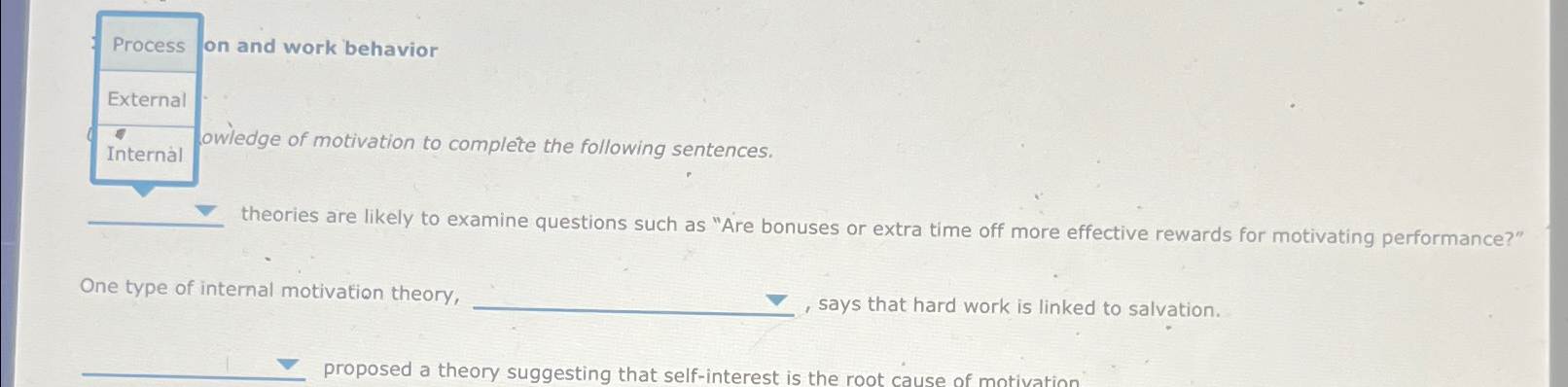  Process on and work behavior External Internl owledge of motivation to