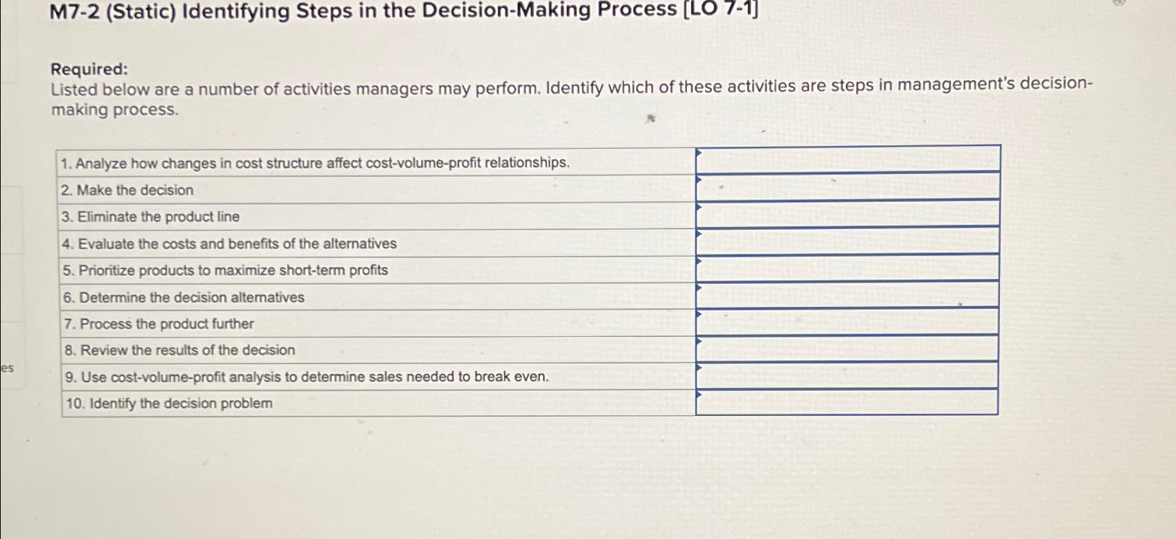  M7-2(Static) Identifying Steps in the Decision-Making Process [LO 7-1] Required: Listed