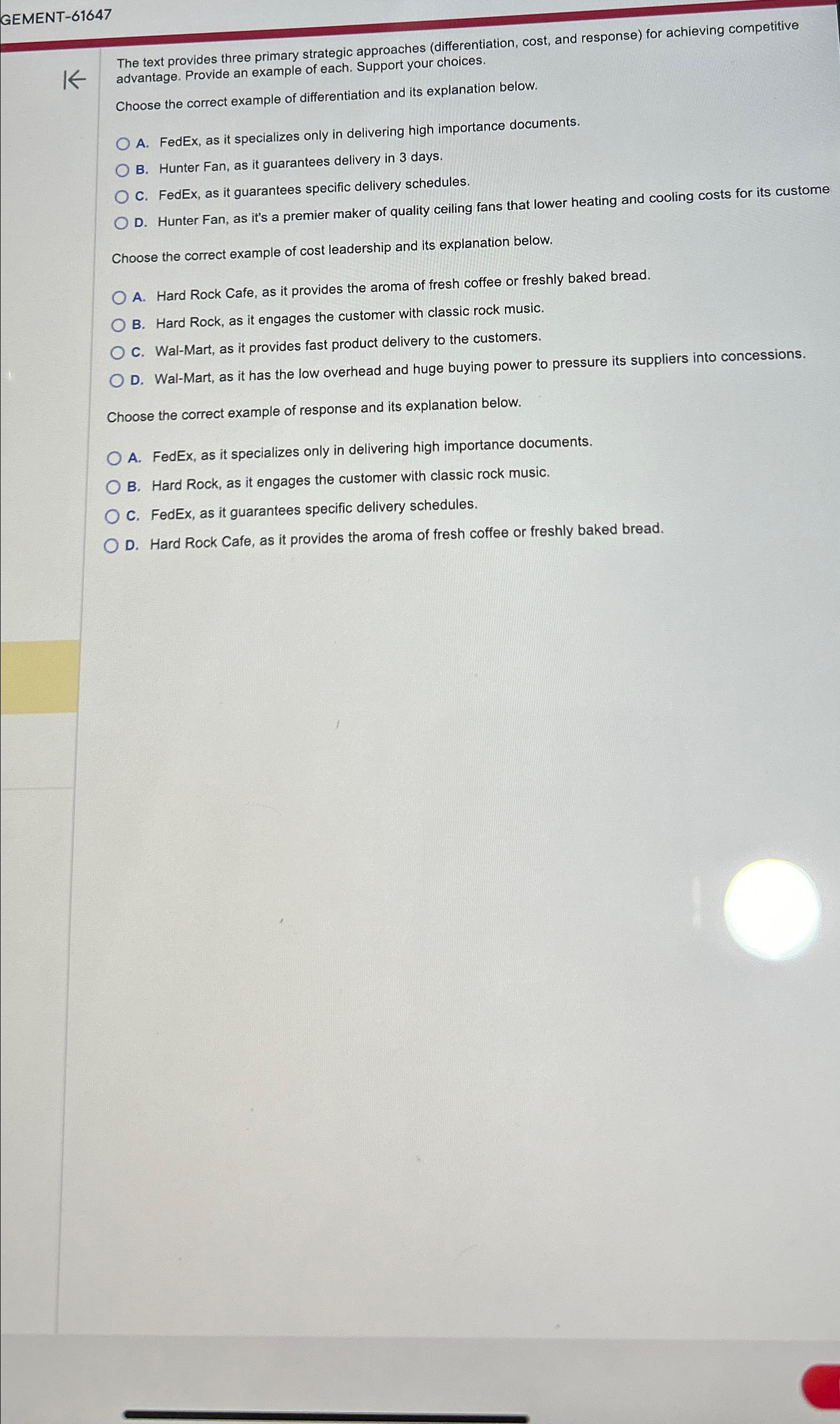  GEMENT-61647 The text provides three primary strategic approaches (differentiation, cost, and