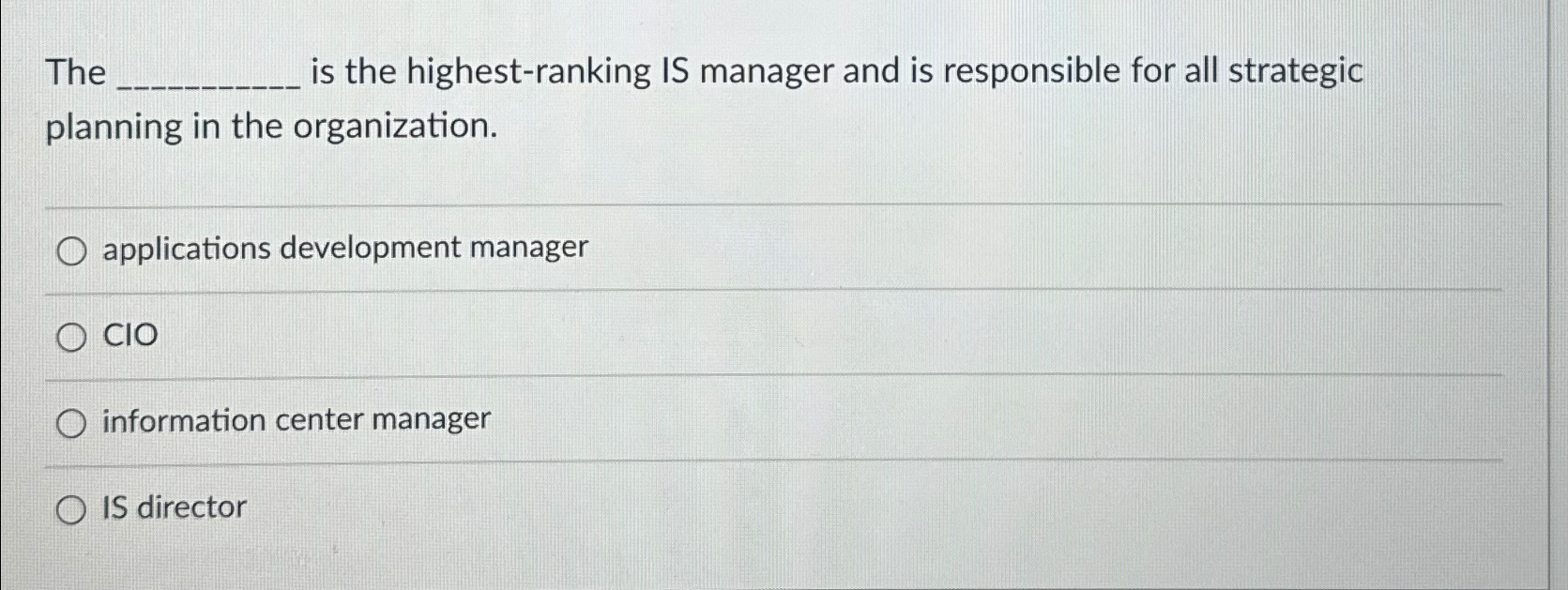  The is the highest-ranking IS manager and is responsible for all