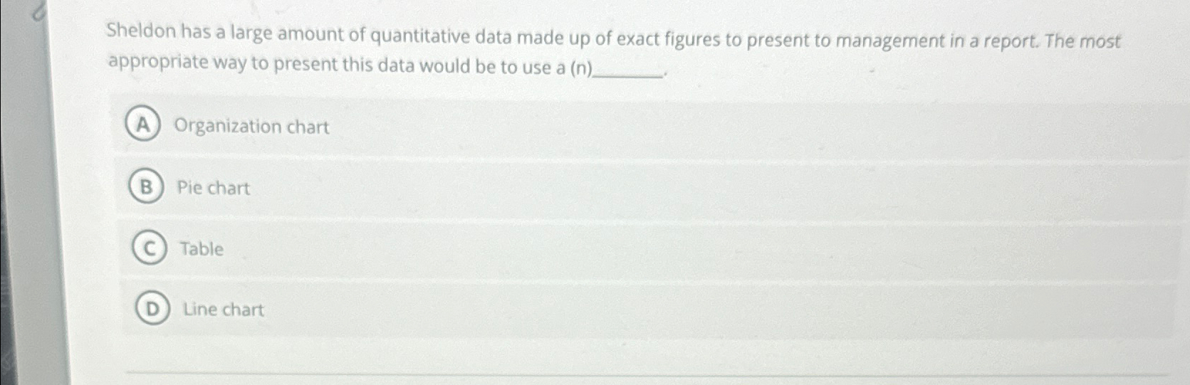  Sheldon has a large amount of quantitative data made up of