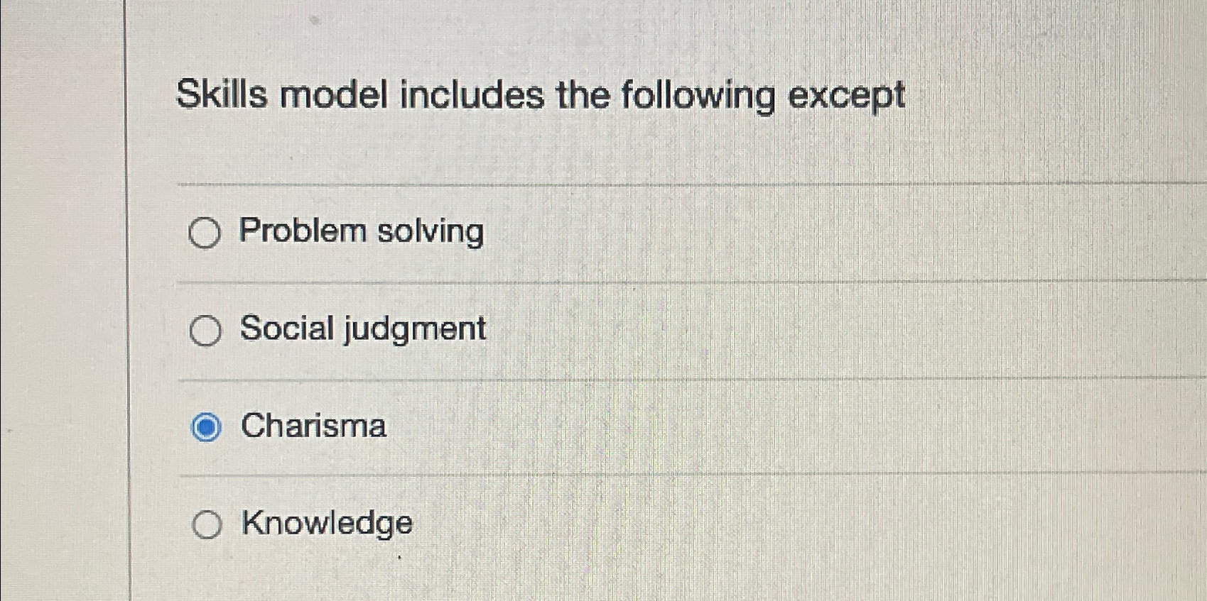  Skills model includes the following except Problem solving Social judgment Charisma