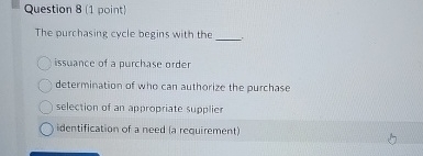  Question 8(1 point) The purchasing cycle begins with the issuance of