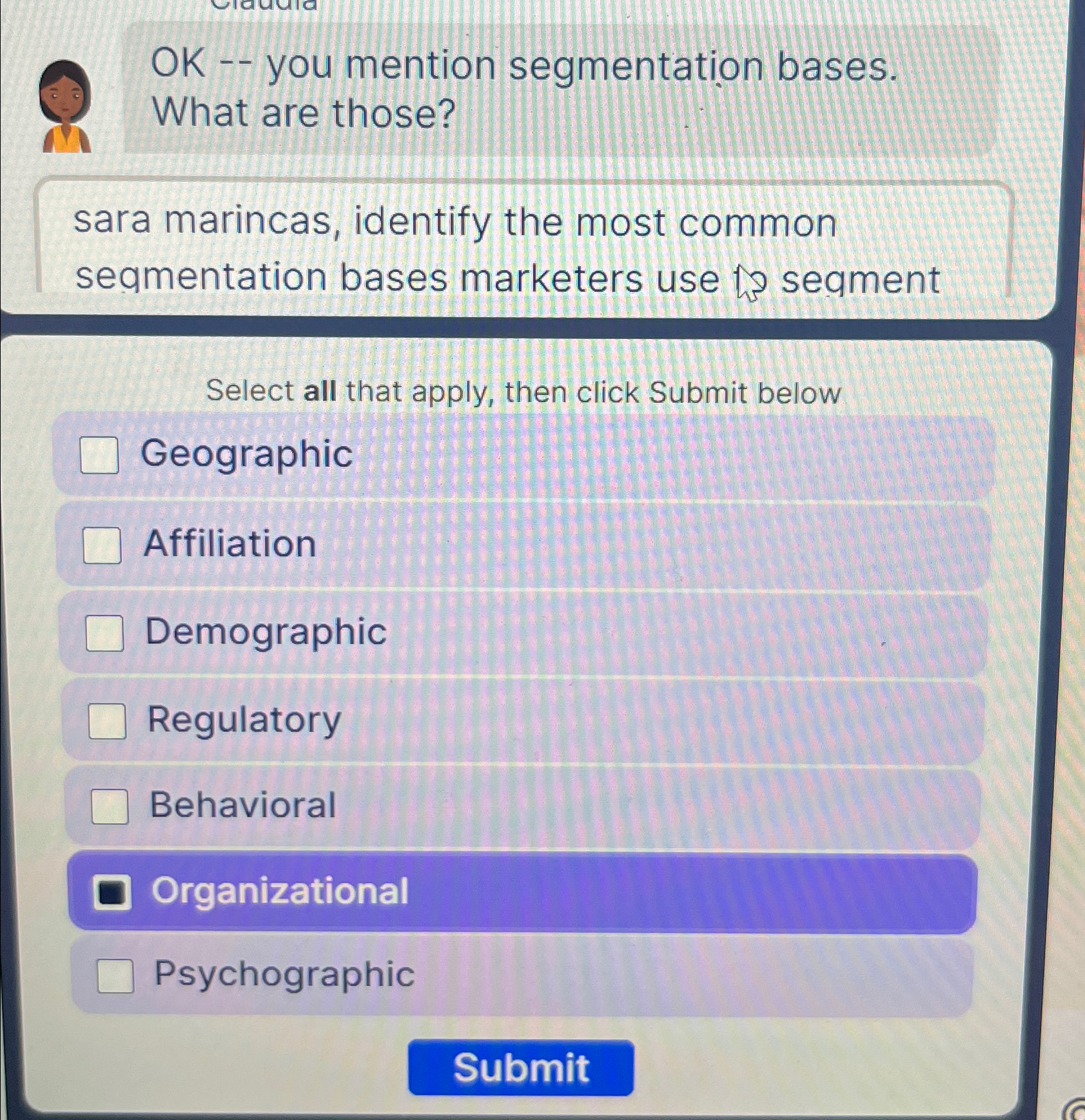  OK -- you mention segmentation bases. What are those? sara marincas,