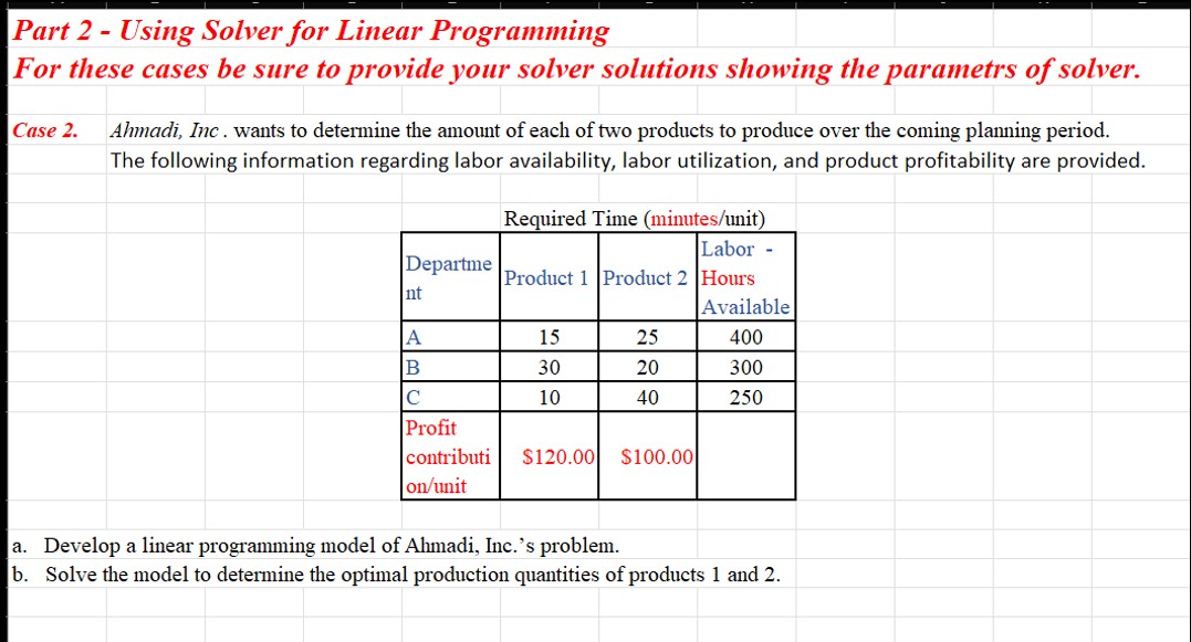  Part 2- Using Solver for Linear Programming For these cases be