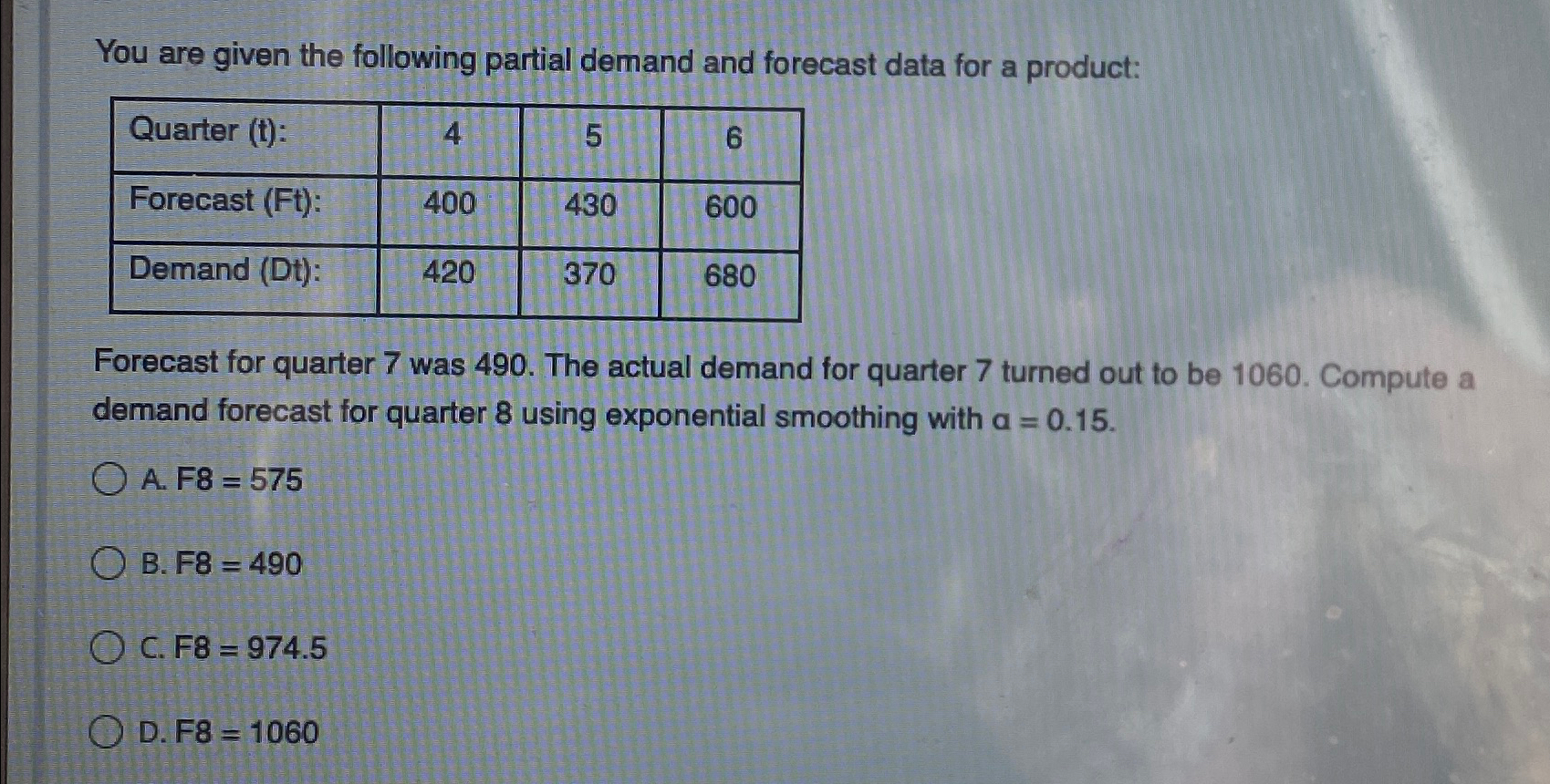  You are given the following partial demand and forecast data for