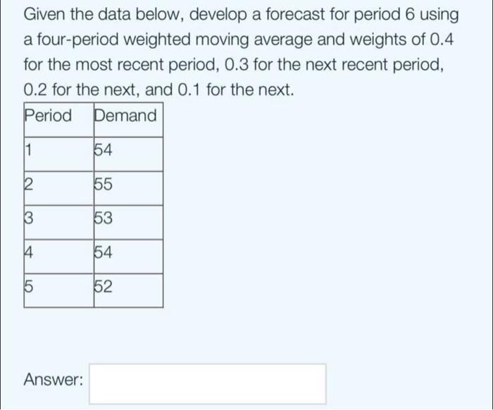  Given the data below, develop a forecast for period 6 using