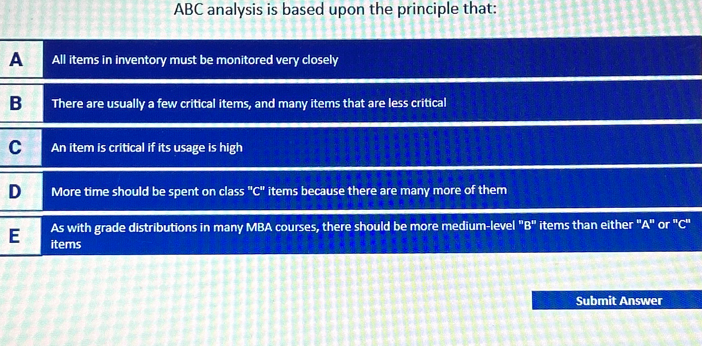  ABC analysis is based upon the principle that: A All items