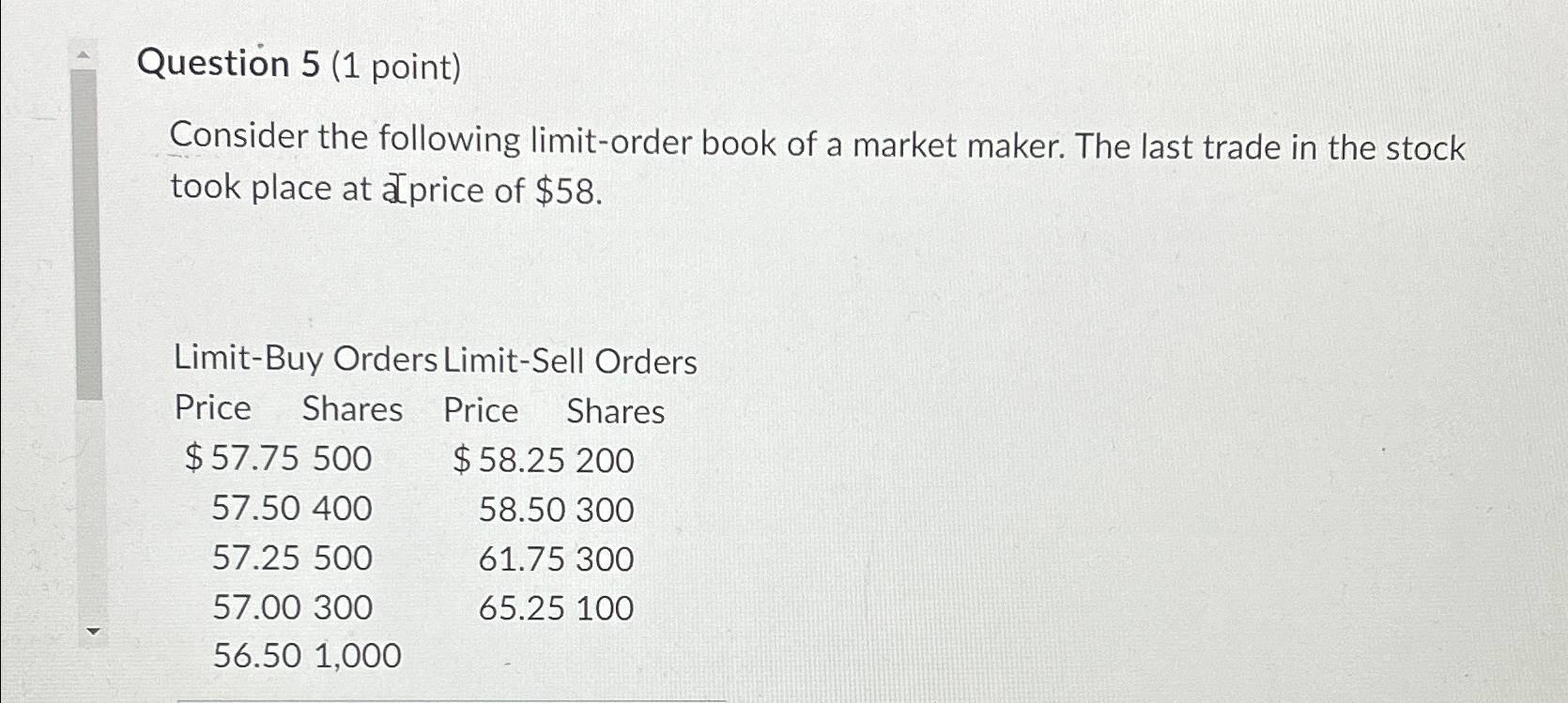  Question 5(1 point) Consider the following limit-order book of a market
