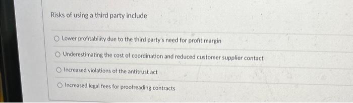 help Risks of using a third party include Lower profitability due to