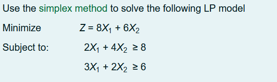  Use the simplex method to solve the following LP model Minimize