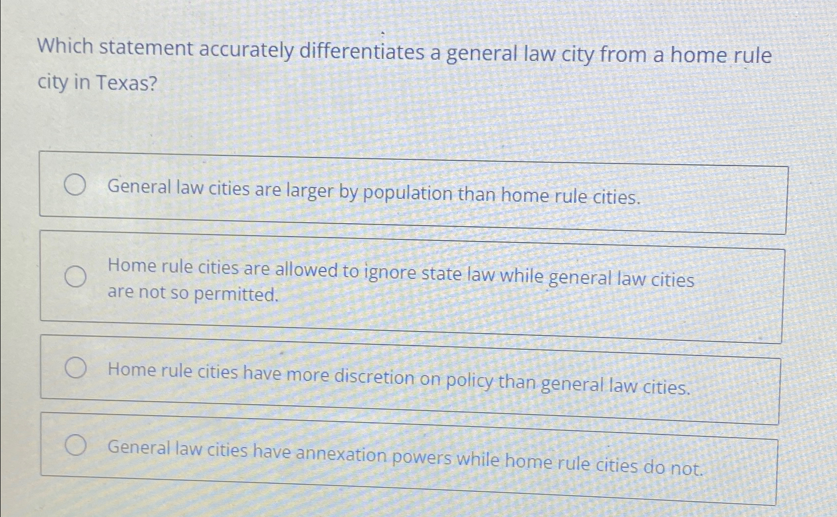  Which statement accurately differentiates a general law city from a home