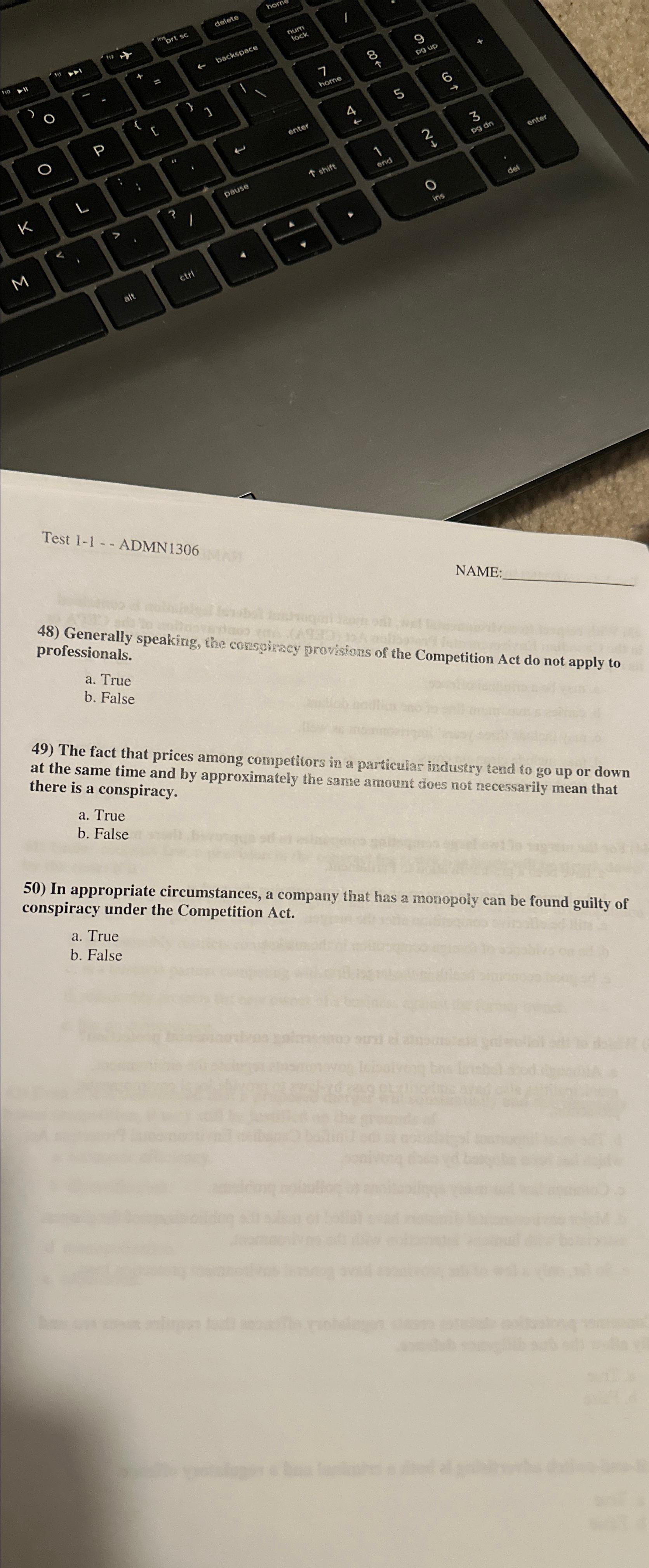  Test 1-1- ADMN1306 NAME Generally speaking, the consqivecy provisions of the