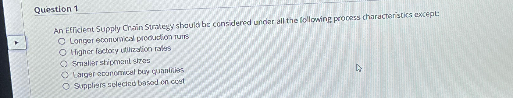  Qustion 1 An Efficient Supply Chain Strategy should be considered under