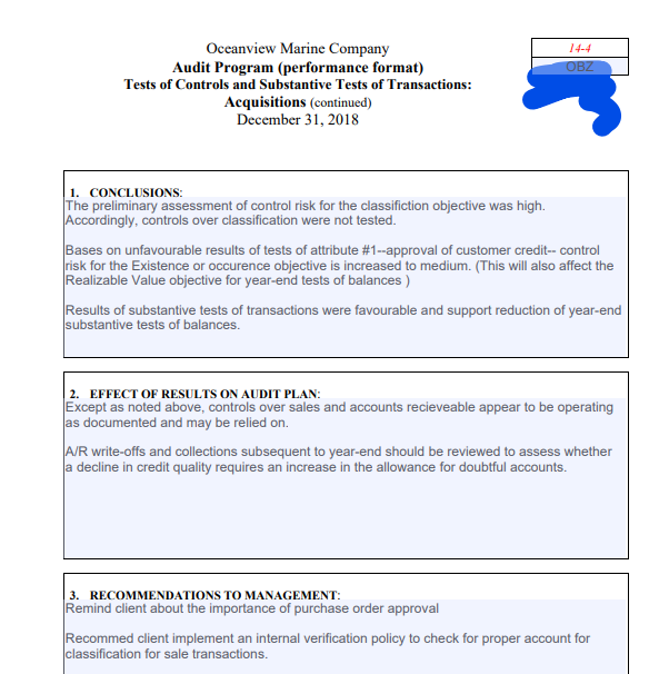 below. Oceanview Marine Company 14-3 Audit Program (performance format) OBZ Tests of