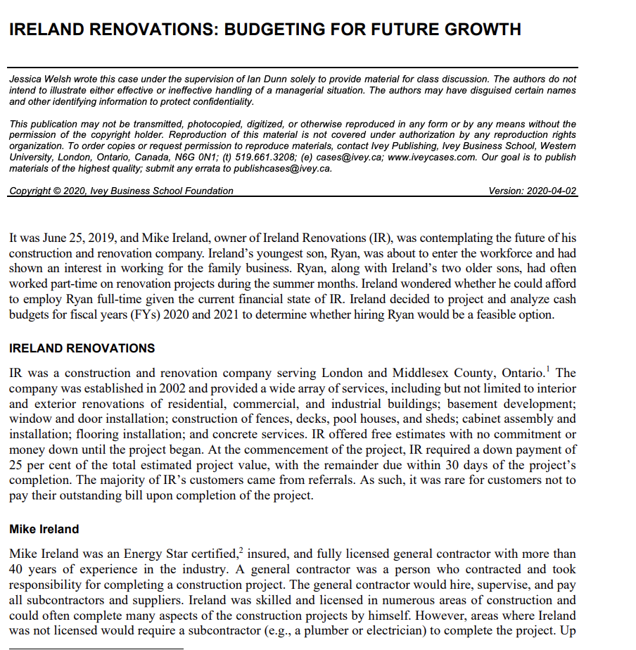 using the case Ireland renovations: Budgeting for the future growth May August