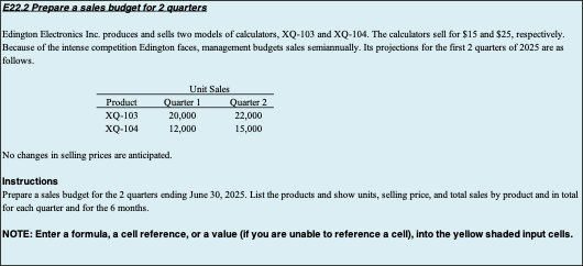 E22.2 Prepare a sales budget for 2 quarters Edington Electronics Inc.