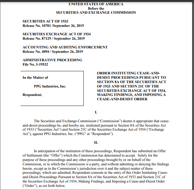 https://www.sec.gov/litigation/admin/2019/33-10701.pdfThe case: PPG Industries, Inc. (AAER-4094) 2019 UNITED STATES OF AMERICA Before