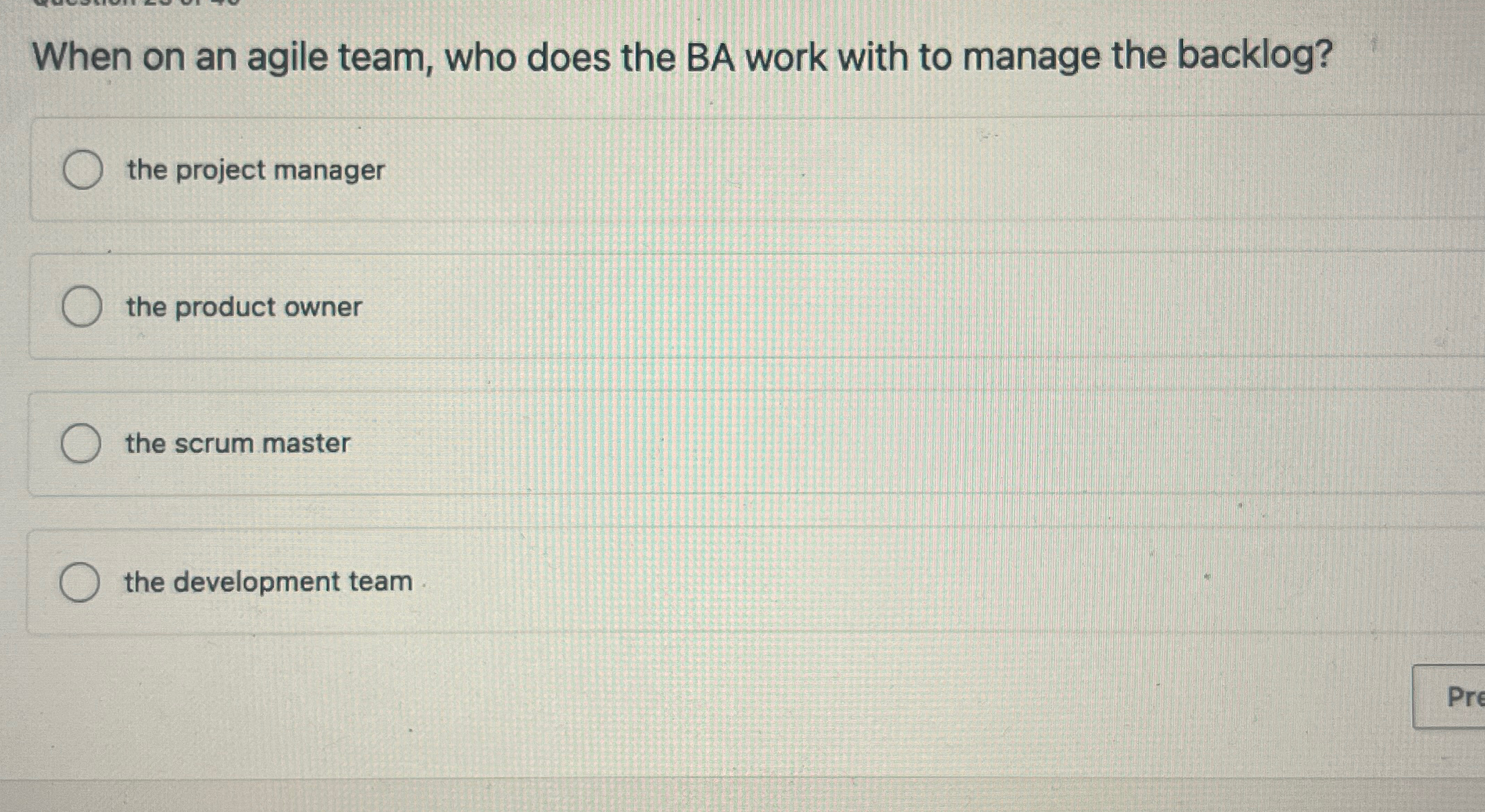  When on an agile team, who does the BA work with