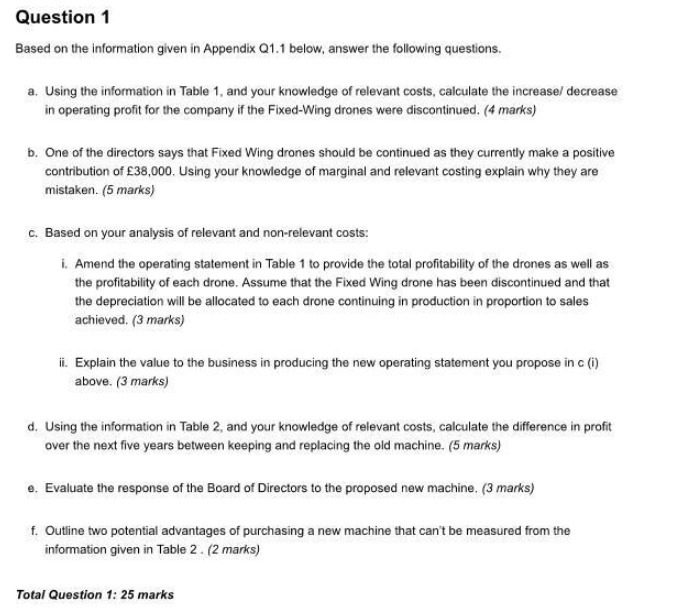  Question 1 Based on the information given in Appendix Q1.1 below,